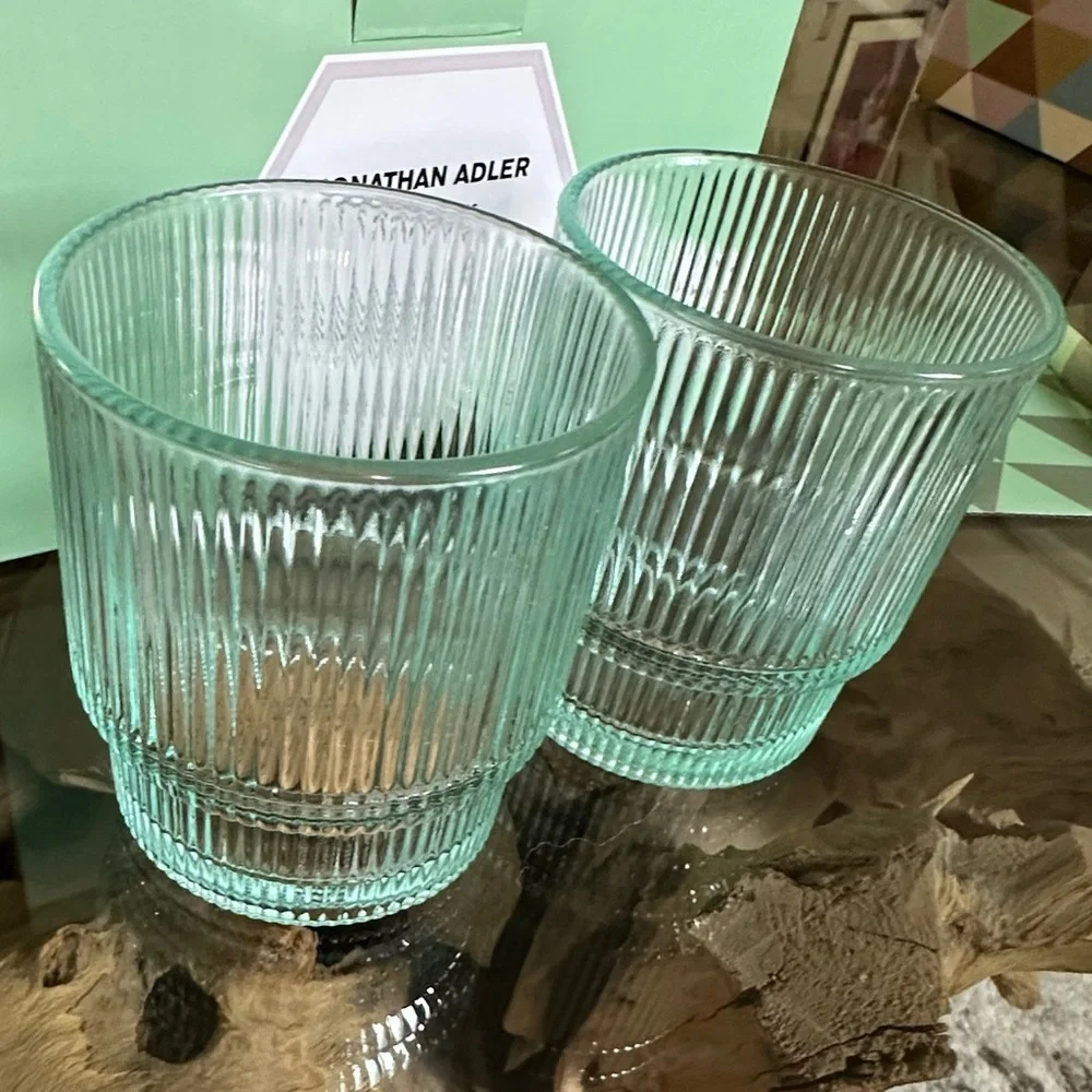 Jonathan Adler BIBA Ribbed Glassware Set of 2 NWT 13oz Aquamarine Glasses $98